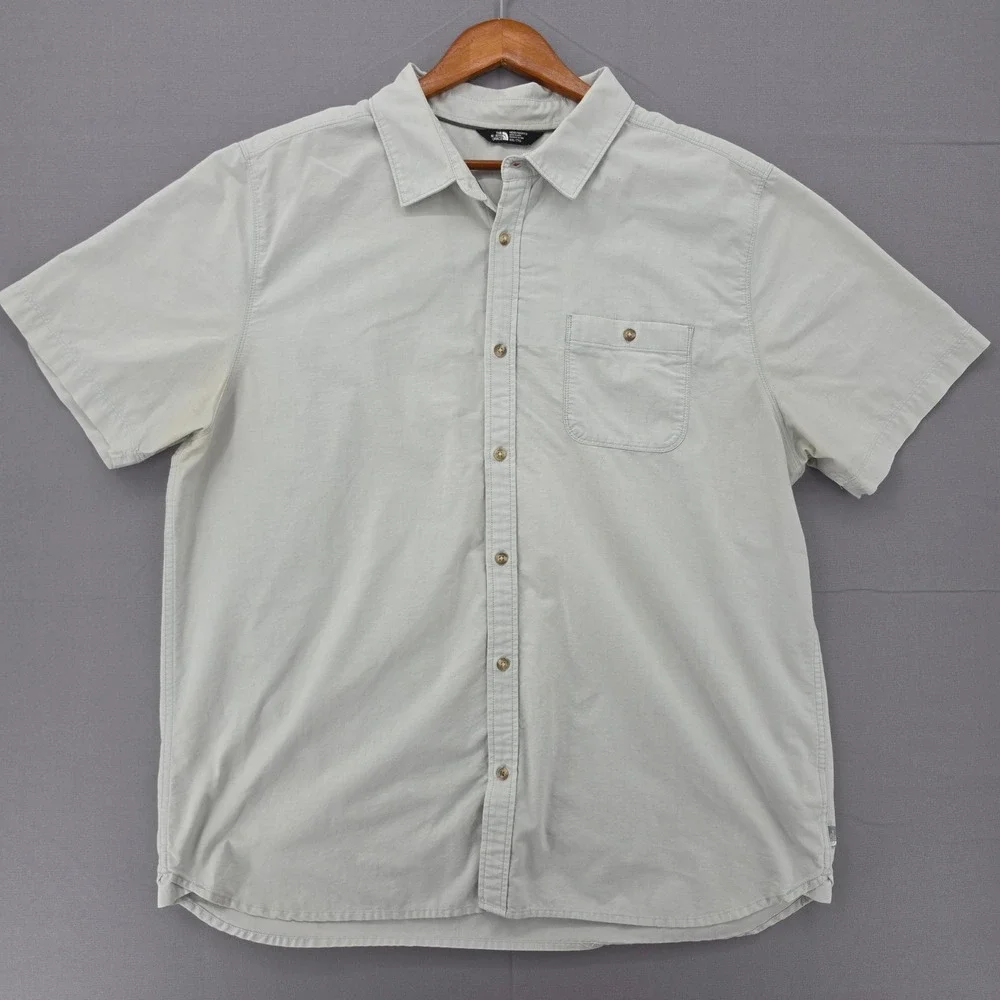 The North Face Mens XXL Light Gray Short Sleeve Button Down Shirt Cotton BlendA3